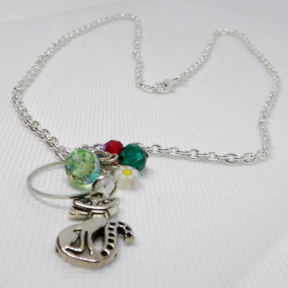 Handcrafted Silver Color Chain Cat Necklace AB Glass & Millefiori Glass Beads - Picture 8 of 11